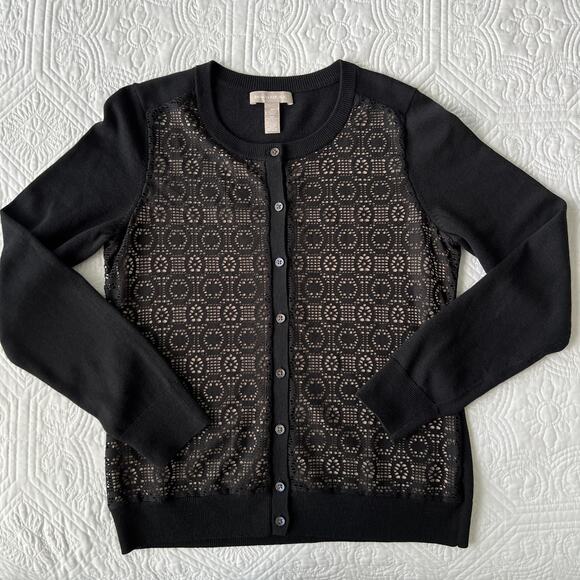 Banana Republic Lace Overlay Cardigan Sweater Black Nude Poly Wool Blend Medium - Picture 8 of 8
